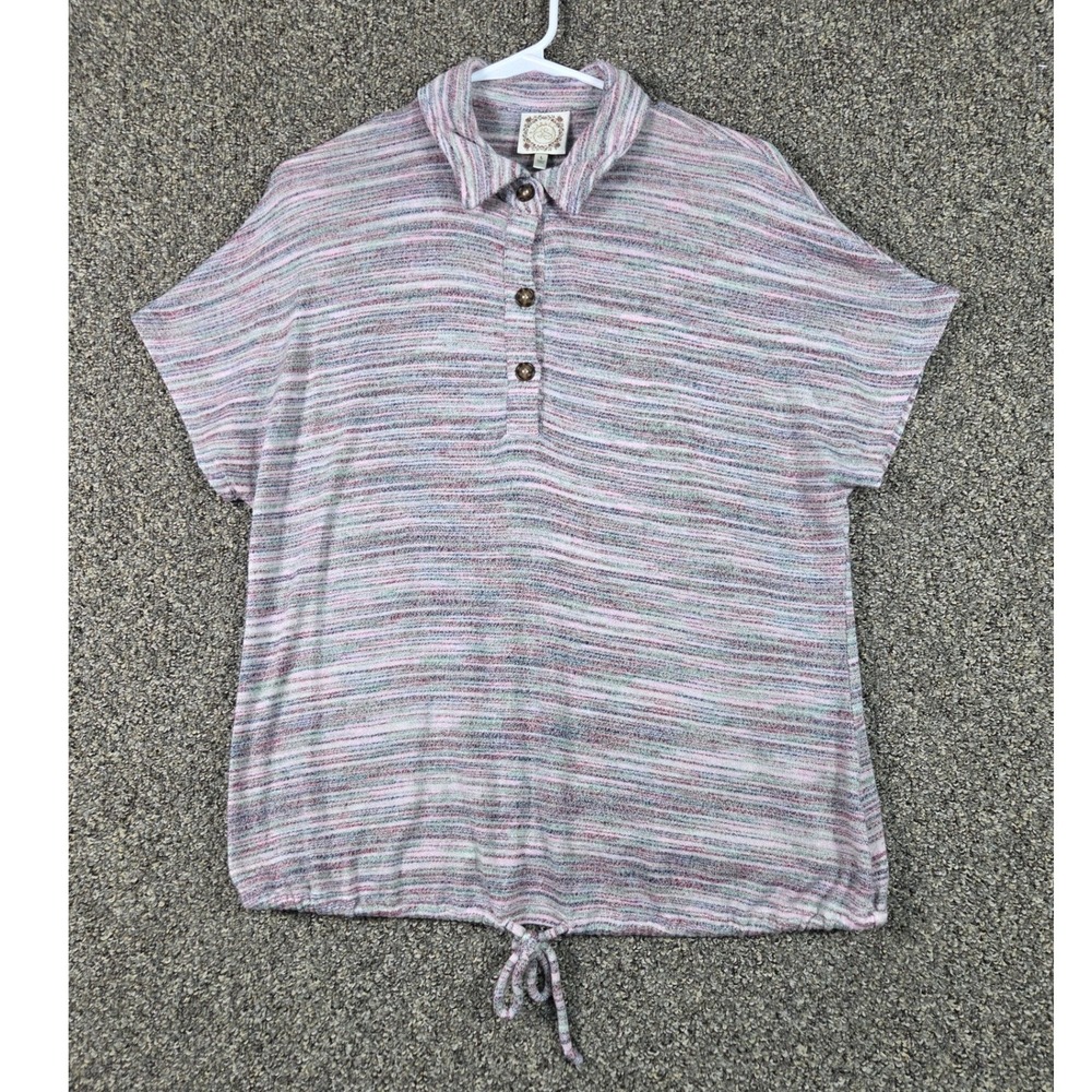 Truself Polo Top Women Large Multi Color Space Dye Knit Drawstring Hem 11JJ-APUM